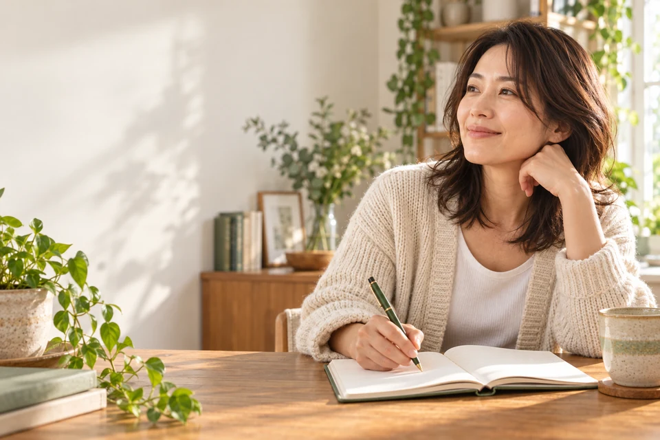 明るい部屋でノートにジャーナリングする女性